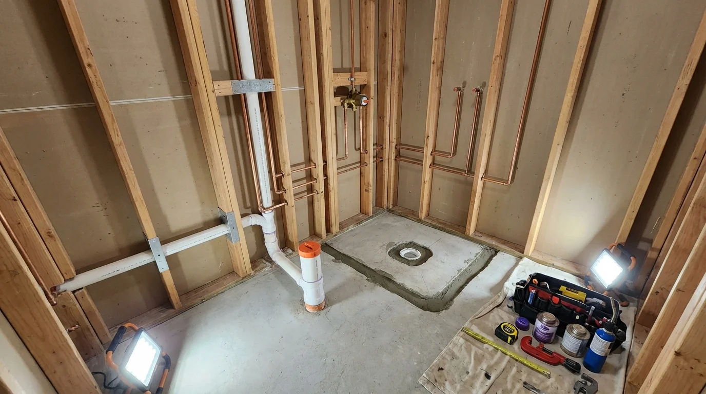 Bathroom rough-in plumbing during remodel by Johns Plumbing LLC in Aragon