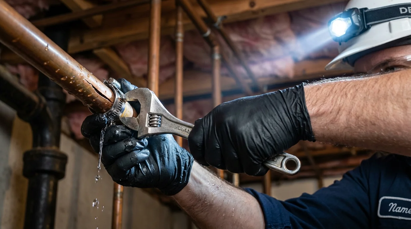 Emergency pipe clamp repair being performed by a Johns Plumbing LLC plumber in Aragon